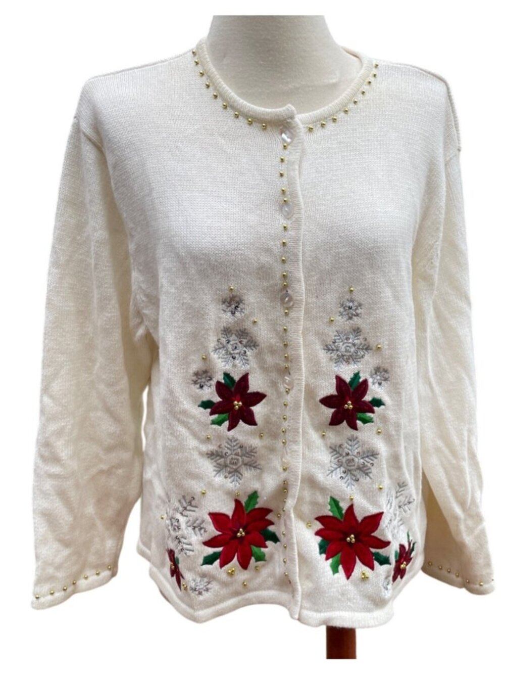 Crystal Kobe Womens XL Embellished Holiday Cardigan Poinsettia Snowflakes Ivory